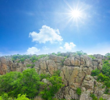 Yeşil çayırlar arasında taşlı kanyondan akan nehir.