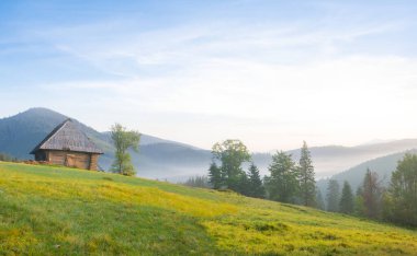 Sabah erken saatlerde küçük ahşap evi olan yeşil tepeli bir dağ manzarası.