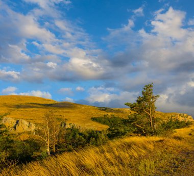 Bulutlu gökyüzünün altındaki yeşil dağ vadisi, açık hava seyahat sahnesi