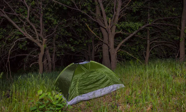 Closeup Petite Tente Touristique Dans Forêt Nuit Scène Camping Voyage — Photo