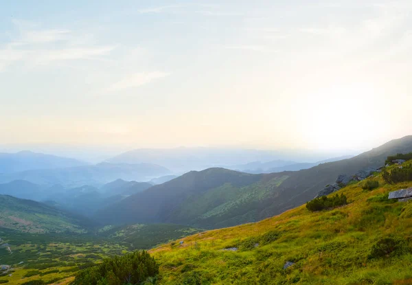 Green Mountain Valley Blue Mist Sunrise Early Morning Mountain Scene — Foto Stock