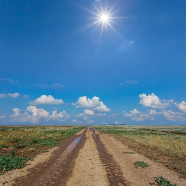 阳光普照的草原间肮脏的地面道路 — 图库照片