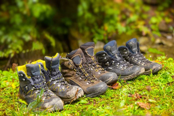 Close Toeristische Laarzen Verblijf Bos Glade Concept Reizen Achtergrond — Stockfoto