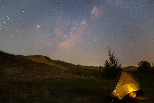 Closeup Touristic Tent Sandy Prairie Starry Sky Milky Way Night — Stock Photo, Image