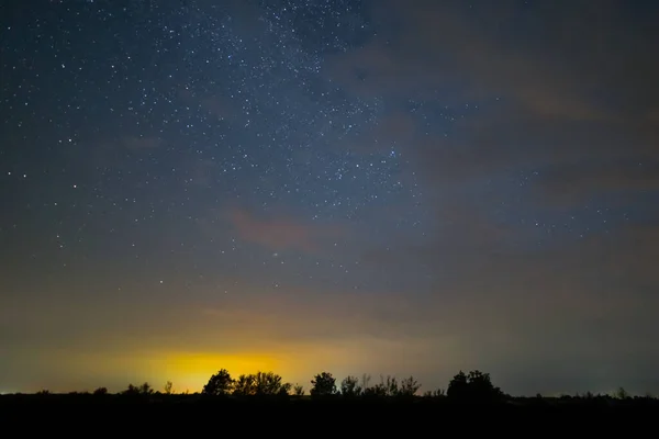 Sylwetka Prerii Pod Ciemnym Gwiaździstym Niebem Nocny Letni Pejzaż — Zdjęcie stockowe