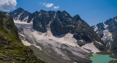 Kayalık dağda buzla kaplı küçük zümrüt göl.