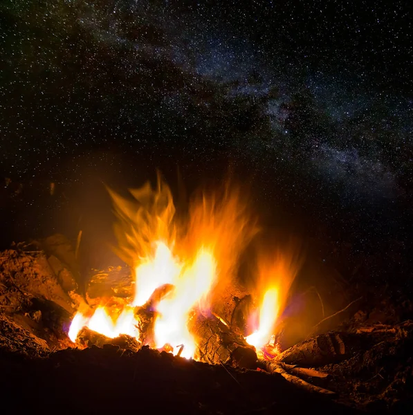 Closeup Camp Fire Night Starry Sky — Photo