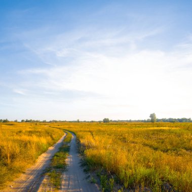 Akşamları toprak yolu olan bir çayır.
