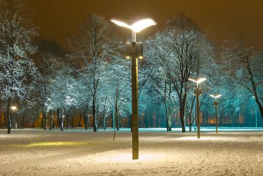 Lanpern 'la karlı bir park meydanı, gece kış şehri manzarası.