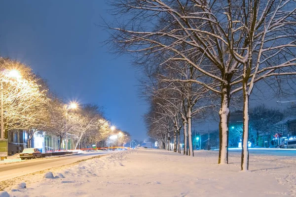 Notte Neve Parco Piazza Con Lanperna Notte Inverno Città Scena — Foto Stock