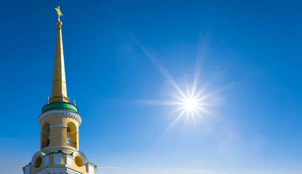 Closeup Christian Church Roof Blue Sky Background Light Sparkle Sun — Fotografia de Stock