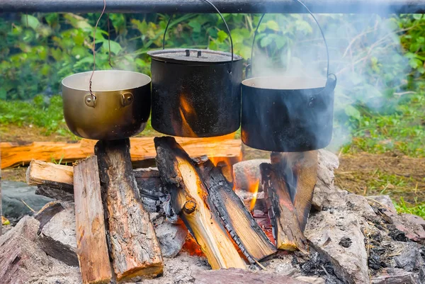 Touristic Cauldron Camp Fire Travel Camping Cooking Scene — Stock Fotó