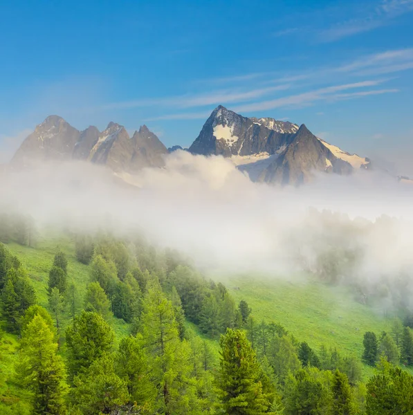 Green Mountain Chain Snow Mist Dense Clouds — Zdjęcie stockowe