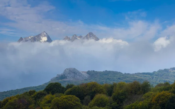 Πράσινη Οροσειρά Ομίχλη Χιονιού Και Πυκνά Σύννεφα — Φωτογραφία Αρχείου