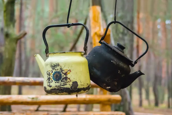 Closeup Pair Teapot Forest Outdoor Camping Scene — Stock Fotó