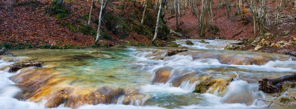 Небольшая Река Протекающая Через Горный Каньон Осенний Фон Естественной Горной — стоковое фото