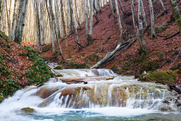 Small Waterfall Mountain River Autumn Natural Mountain River Background — Stockfoto