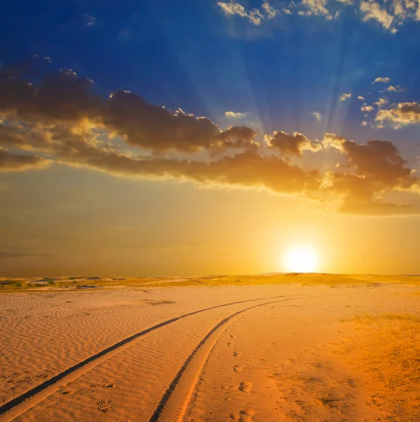 Дорога Через Песчаную Пустыню Закате — стоковое фото