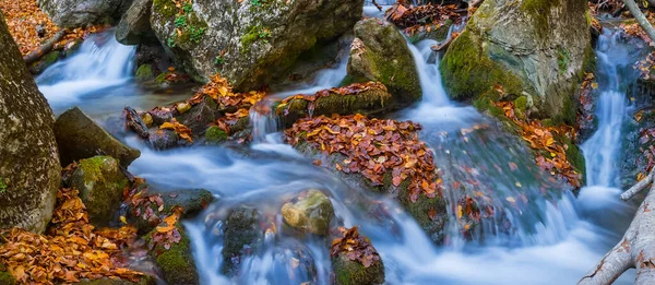 Közelkép Kis Vízesés Hegyi Folyón Hegyi Kanyon Őszi Táj — Stock Fotó