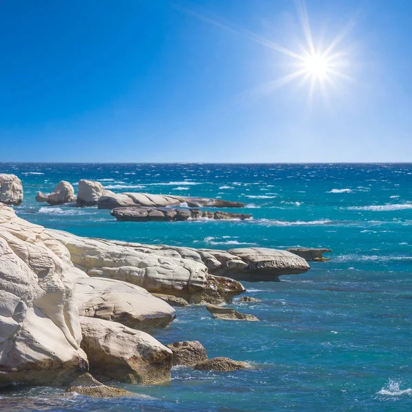 Stony Emerald Sea Coast Sunny Day — Stock Photo, Image