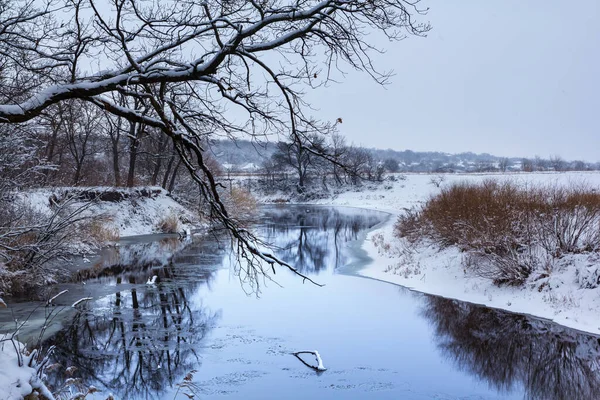 Lugn Flod Bland Snöbunden Skog Vinter Naturlandskap — Stockfoto