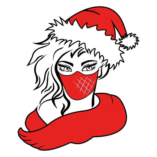 Beautiful blond girl wearing red scarf, Christmas hat with white fur and red Covid face mask. — Stock Vector