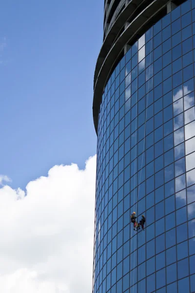 Climber washes windows