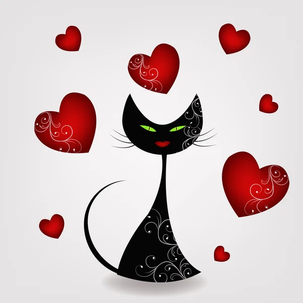 Gato negro con corazones — Vector de stock