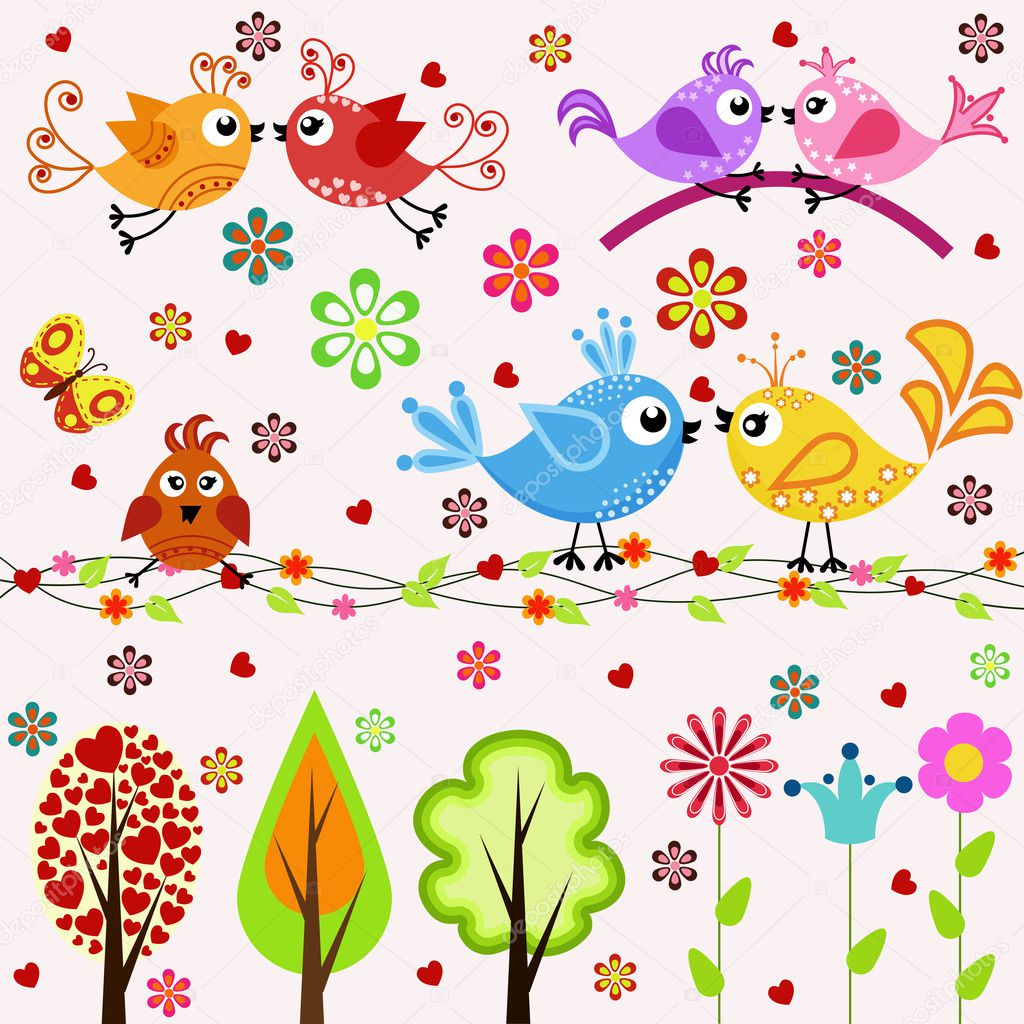 Set. Birds, trees and flowers