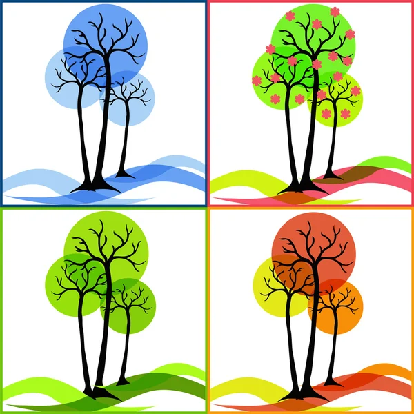 Quatre icônes avec des arbres. Été, automne, hiver, printemps . — Image vectorielle