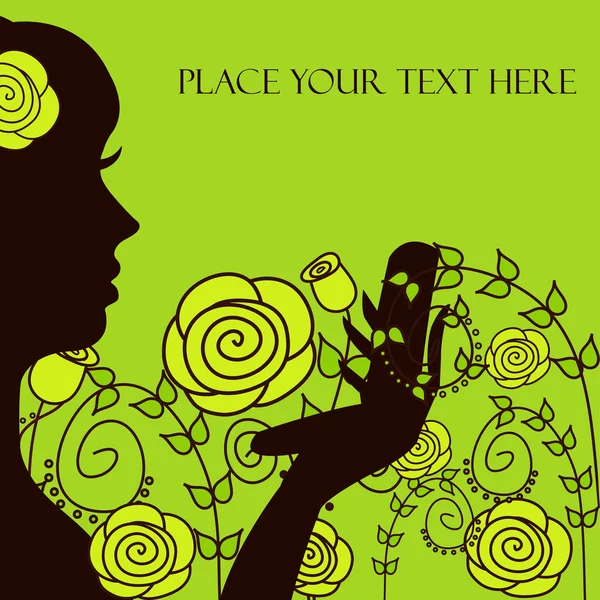 Silhouette d'une fille sur le fond floral — Image vectorielle