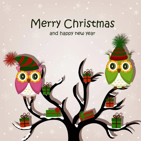 Christmas card with owls on the tree — Wektor stockowy