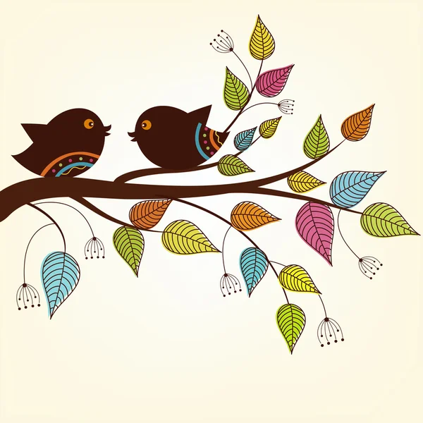 Bellissimi due uccelli su un ramo con foglie variegate Illustrazioni Stock Royalty Free