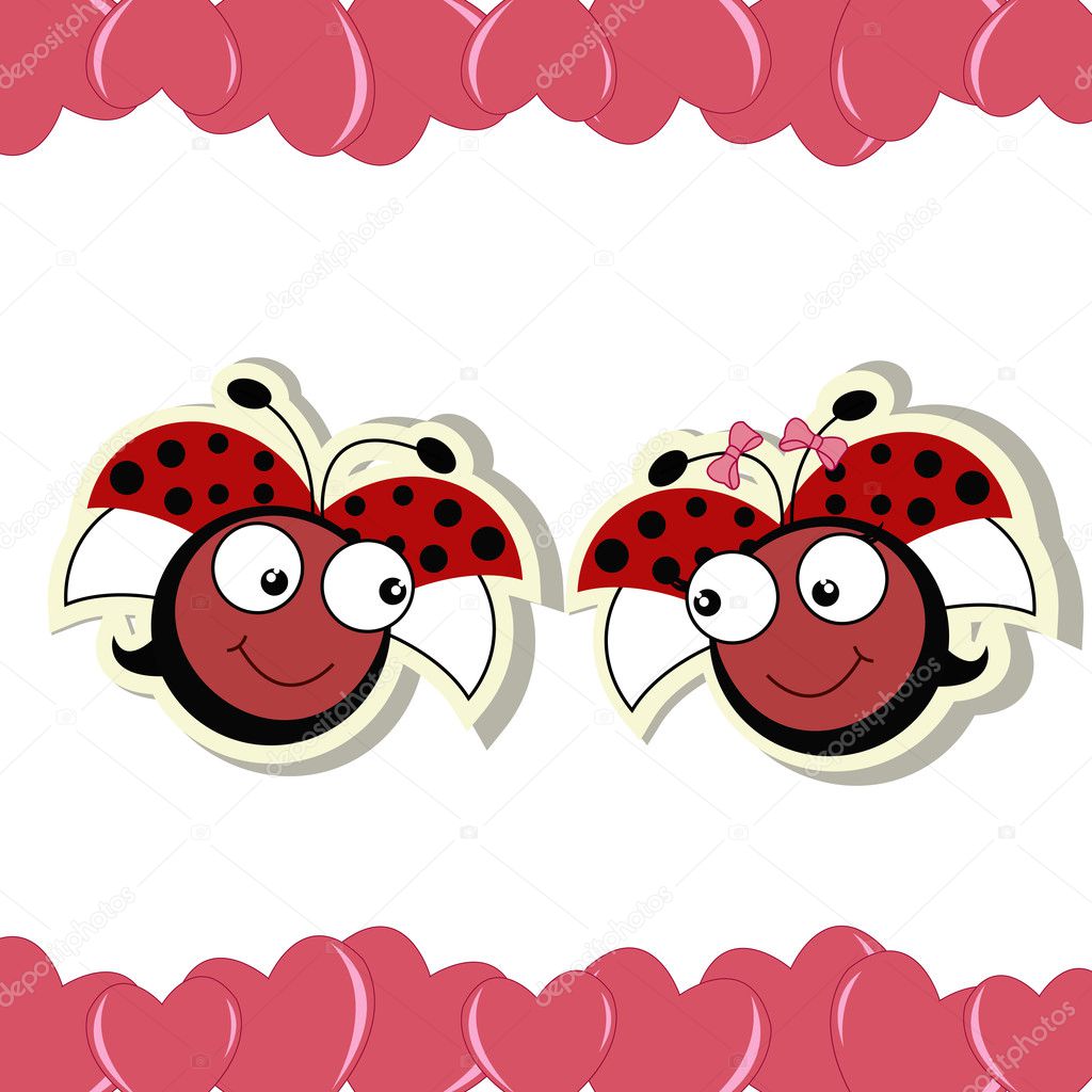 Two ladybugs in love with hearts