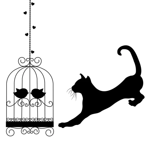 Cages pour oiseaux noirs et chat — Image vectorielle