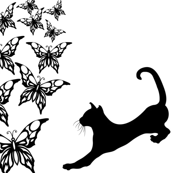 Siyah kedi ile a beyaz kelebekler — Stok Vektör