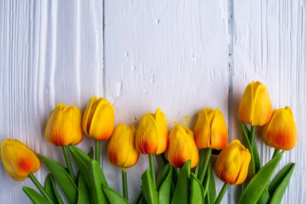 Yellow Tulips White Wooden Background — Stock Photo, Image