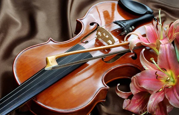 Fleurs Lys Violon Sur Fond Soie — Photo