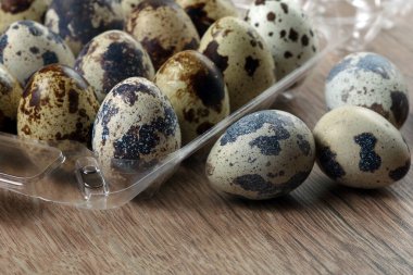 Ahşap bir masada şeffaf plastik bir kabın içinde bıldırcın yumurtaları.