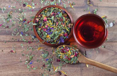 Tahta bir kasede bitki çayı ve bir fincan taze bitki çayı. Nane şekeri, amber çiçekleri, takvim yaprakları, orman çiçekleri ve ahşap bir masada meyve dilimleri. Bitkisel vitamin çayı. en üstteki görünüm