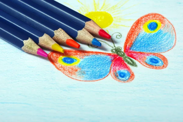 Children Drawing Colored Pencils Drawing Bright Tropical Butterfly Pencils — стоковое фото