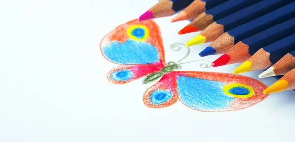 Children Drawing Colored Pencils Drawing Bright Tropical Butterfly Pencils — стоковое фото
