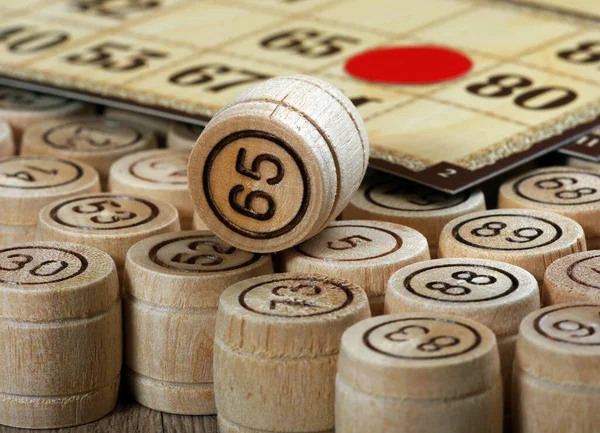 Lotto Spel Houten Lotto Vaten Kaarten Een Houten Tafel — Stockfoto