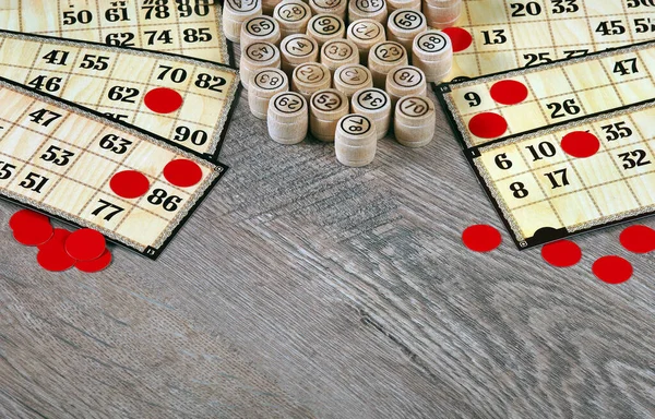 Lotto Spel Trä Lotto Fat Och Kort Ett Träbord — Stockfoto