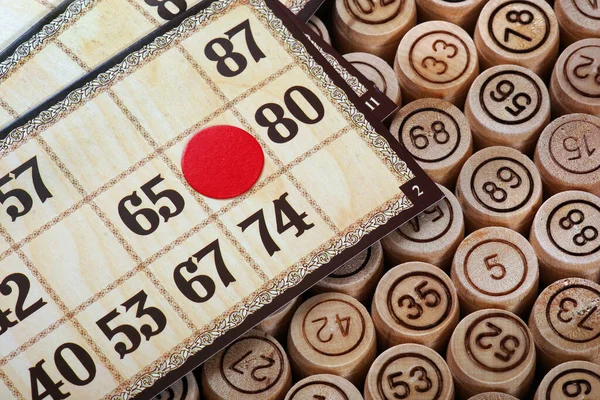 Lotto Spel Trä Lotto Fat Och Kort Ett Träbord — Stockfoto