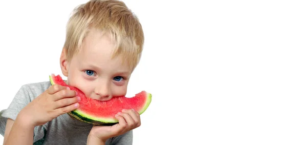Child Eating Watermelon Isolated White Copy Spaces — Stock Photo, Image
