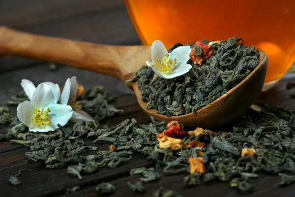 Green Tea Jasmine Table Green Tea Leaves Jasmine Flowers Cup — Stockfoto