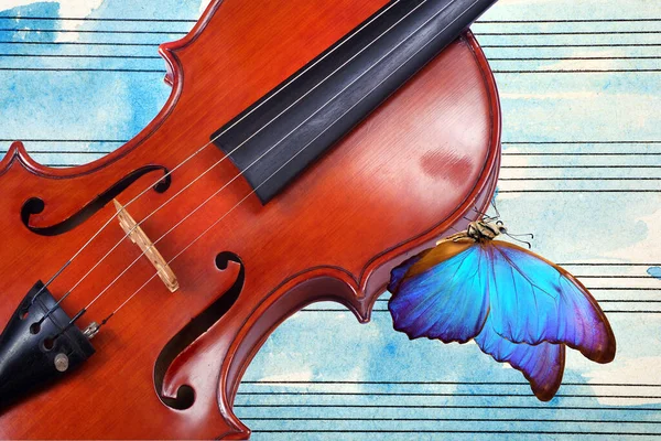 Bright Blue Tropical Morpho Butterfly Violin Background Sheet Music Paper — Stockfoto