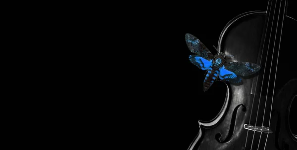 Music Concept Bright Blue Death Head Hawkmoth Butterfly Violin Black — Foto de Stock