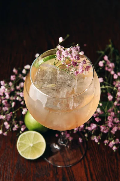 Cocktail Spritz Fresco Con Lime Cubetto Ghiaccio Bicchiere Vino — Foto Stock